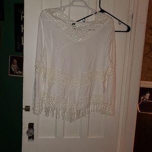 White shirt Jean's grey shirt black ruffle pants